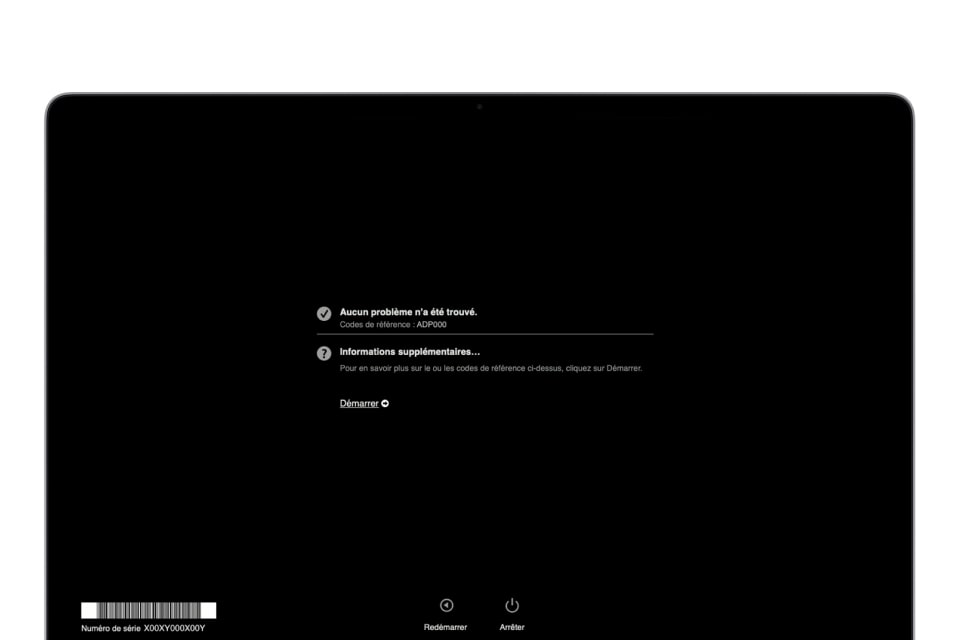Écran Apple Diagnostics sur Mac affichant le code ADP000 indiquant qu'aucun problème matériel n'a été détecté.
