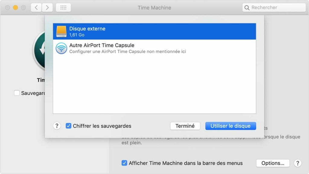 Interface macOS affichant les options de disque externe et AirPort Time Capsule pour Time Machine