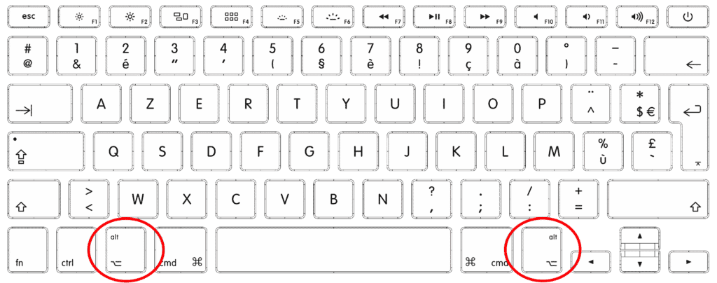 Clavier Mac AZERTY avec les deux touches Alt entourées en rouge