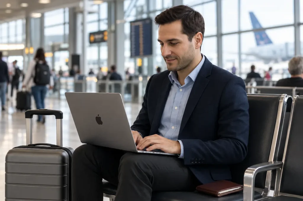 Voyageur professionnel travaillant sur son MacBook à l’aéroport avec une valise à ses côtés