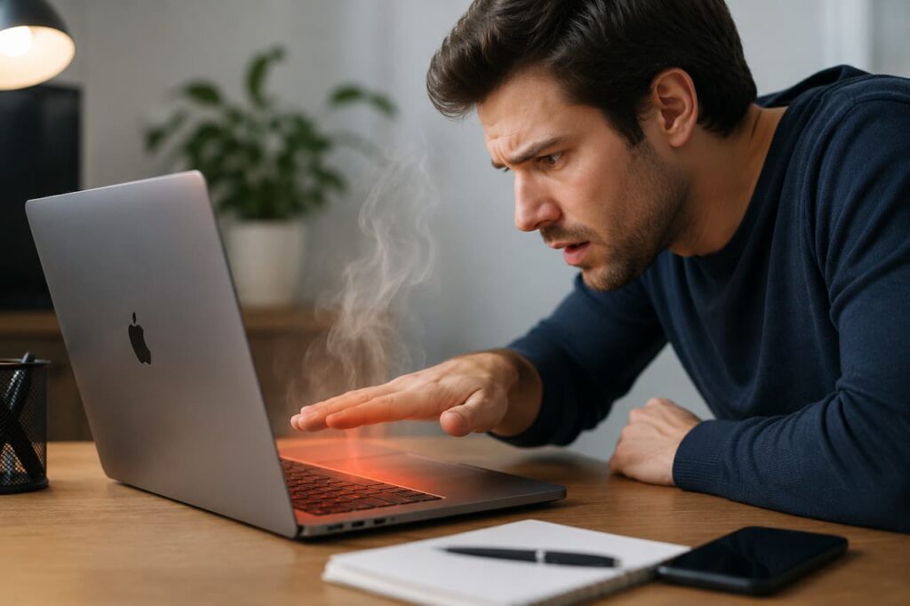 Homme touchant un MacBook surchauffé pour vérifier la température de l’ordinateur portable Apple