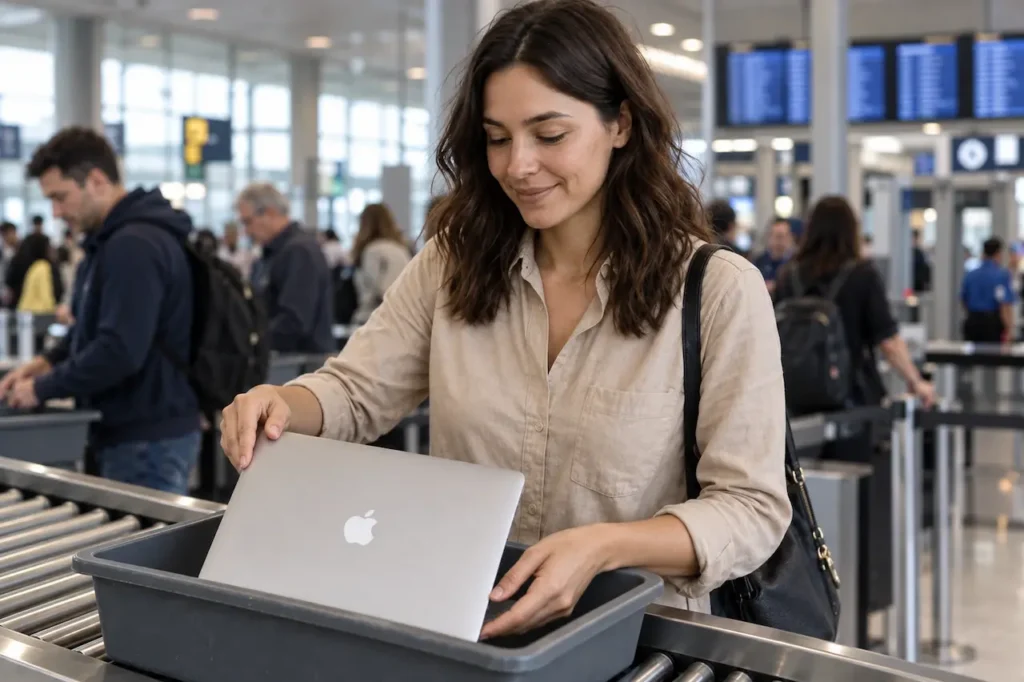 Femme plaçant son MacBook dans un bac de sécurité à l’aéroport
