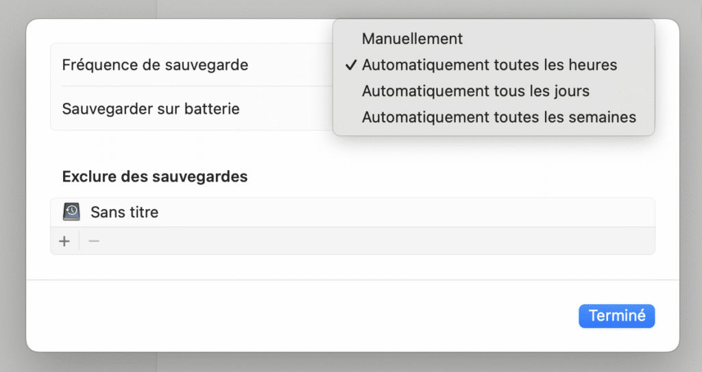 Menu déroulant macOS montrant les options de fréquence de sauvegarde Time Machine