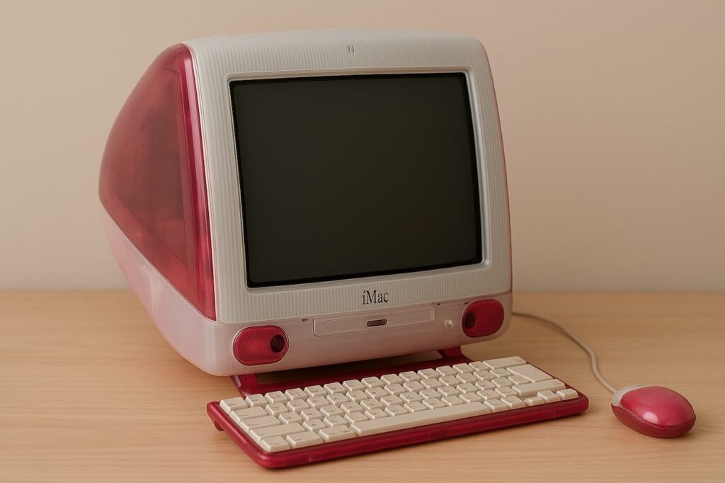 iMac G3 de 1998 rose posé sur un bureau, ancien ordinateur Apple emblématique à recycler ou reconditionner