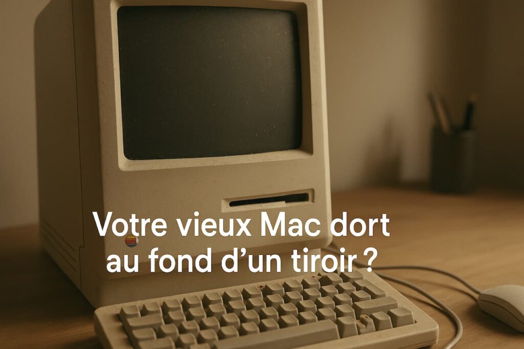 Vieux Mac sur un bureau en bois, représentant un ancien ordinateur Apple à recycler ou réutiliser