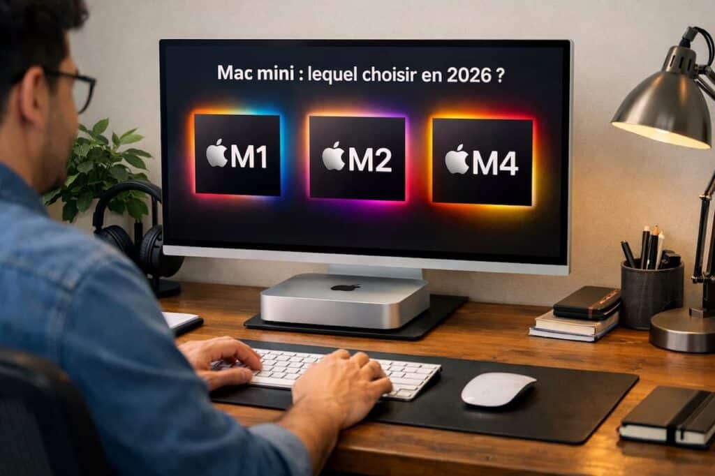 Mac mini Apple connecté à un écran externe avec comparaison des puces M1, M2 et M4 en 2026 dans un bureau moderne