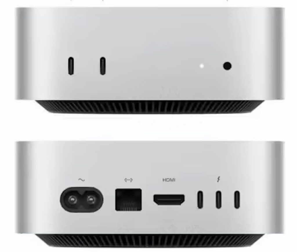 Mac mini M4 avec vue des deux côtés, montrant les ports et le design Apple Silicon pour usage professionnel