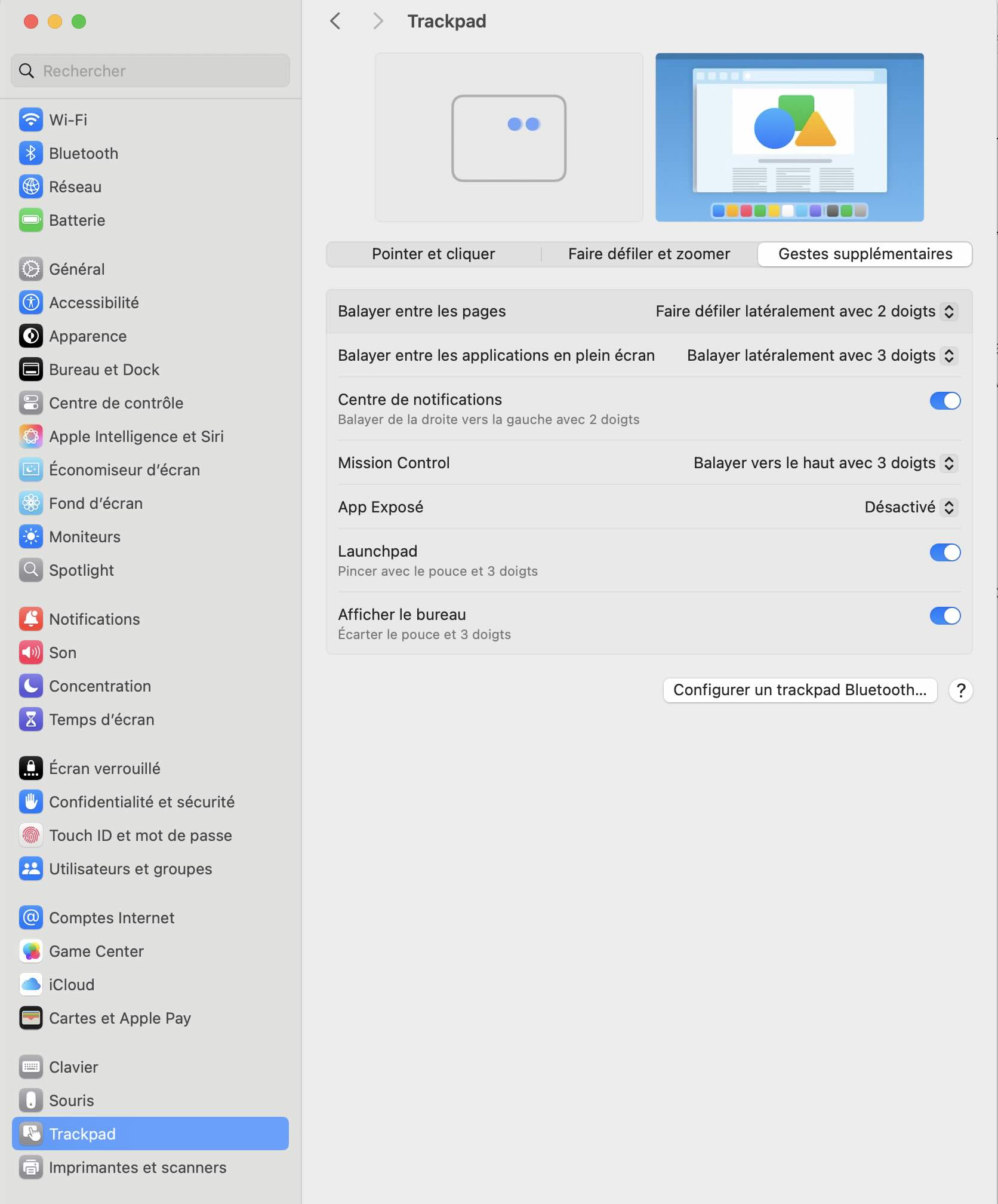 Réglages des gestes supplémentaires du trackpad Force Touch sur macOS : balayage, Mission Control et Launchpad