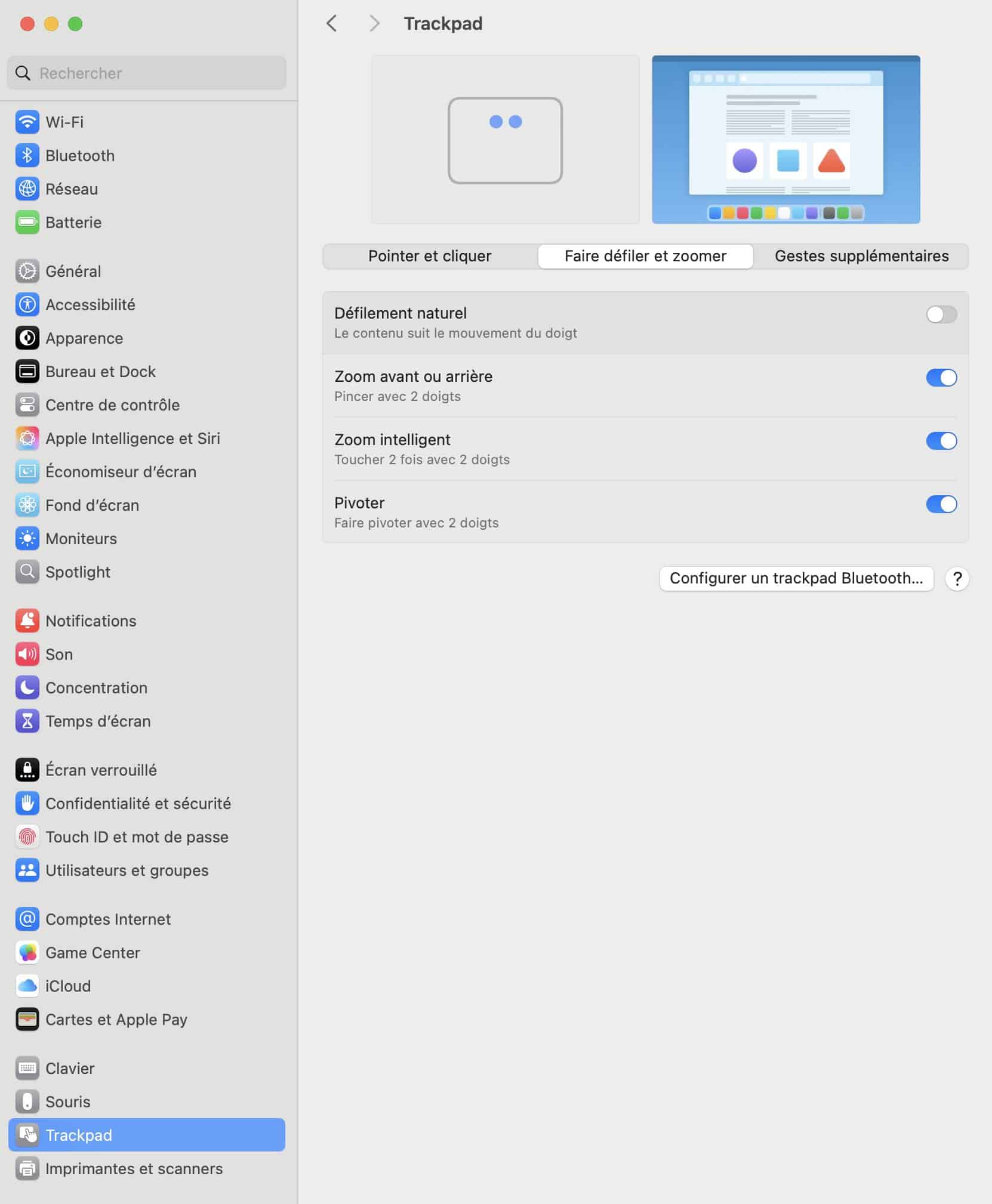 Options de défilement naturel, zoom et pivotement du trackpad Force Touch dans macOS