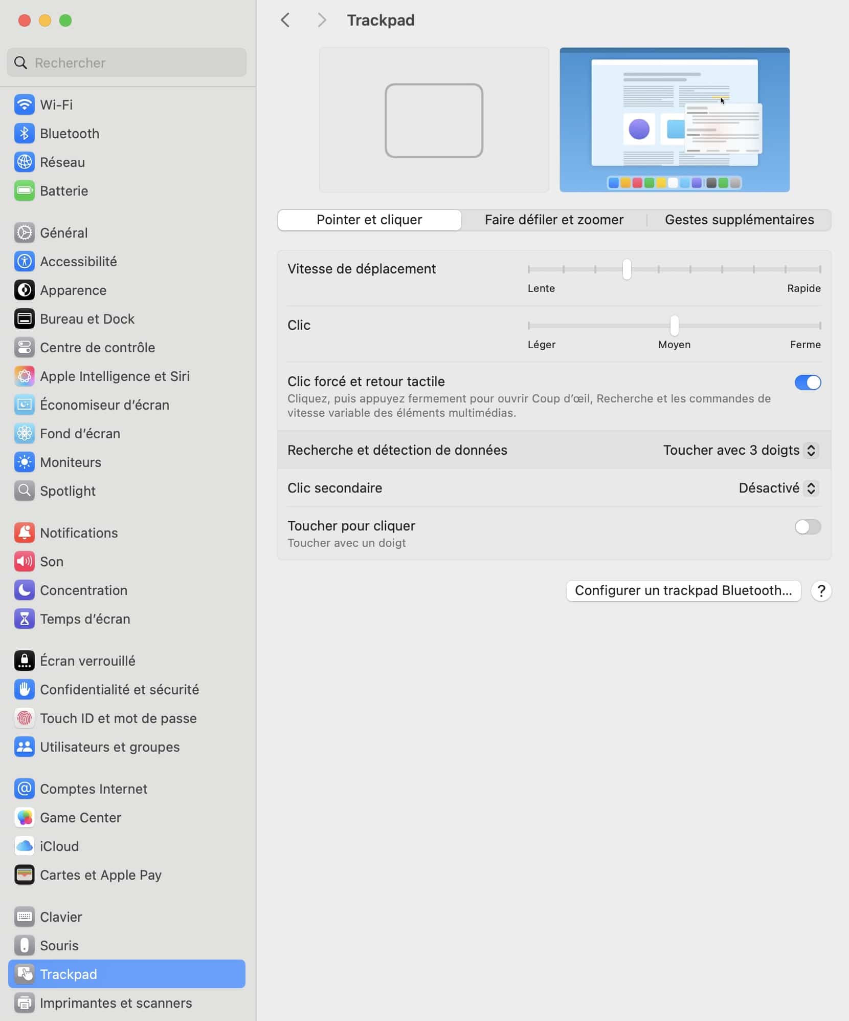 Paramètres du trackpad Force Touch sur Mac : clic forcé, vitesse du curseur et retour haptique