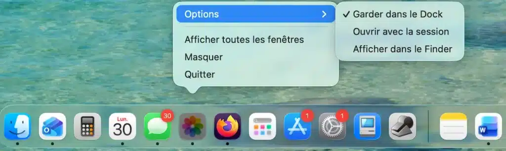Menu options du Dock sur Mac affichant l’option ouvrir avec la session pour gérer les applications au démarrage