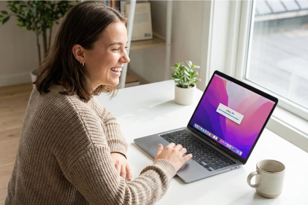 Femme souriante utilisant un MacBook Pro sous macOS Monterey après avoir vidé le cache pour retrouver des performances rapides