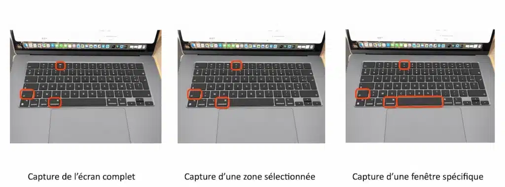Clavier MacBook montrant les raccourcis pour faire une capture d’écran complète, d’une zone ou d’une fenêtre