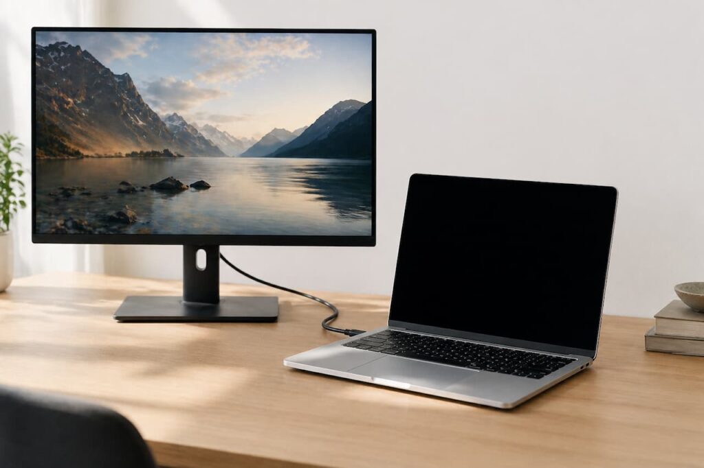 MacBook Pro argenté avec écran noir connecté via câble à un moniteur externe qui affiche un paysage de montagne, posé sur un bureau en bois clair