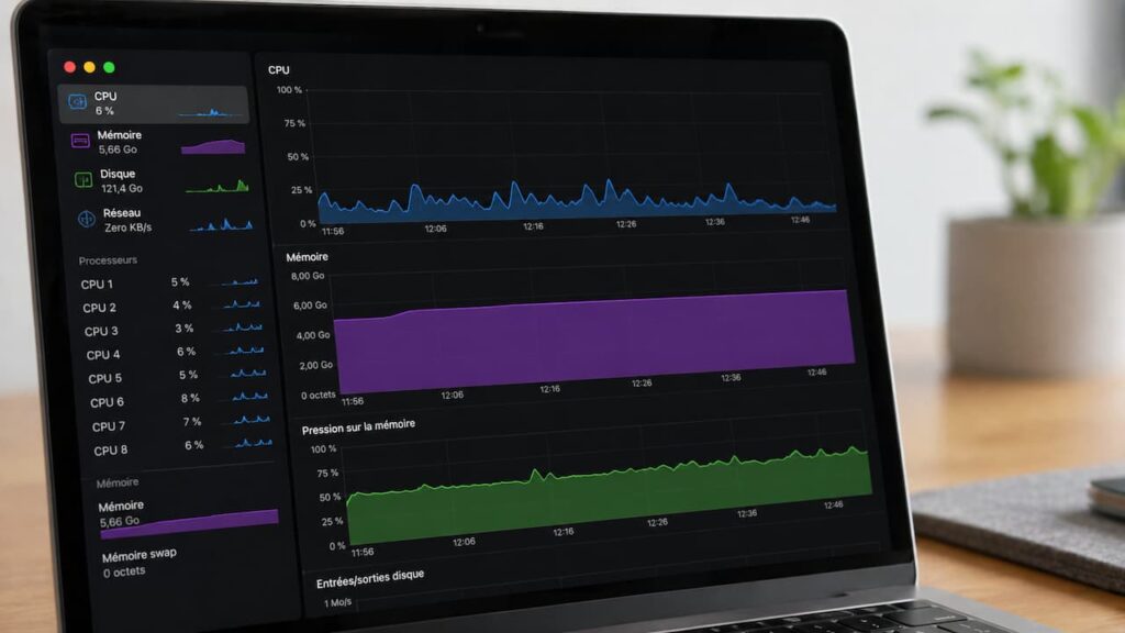 Écran MacBook Pro affichant l'app Moniteur d'activité macOS avec les graphiques CPU à 6%, mémoire utilisée à 5,66 Go et pression mémoire en hausse sur fond sombre