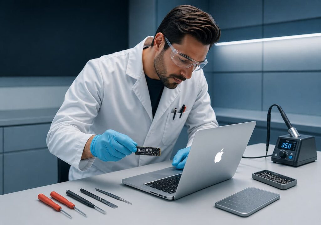 Technicien en blouse blanche et gants bleus tenant un disque SSD devant un MacBook Pro argenté ouvert, outils de précision et station de soudure visibles sur établi blanc