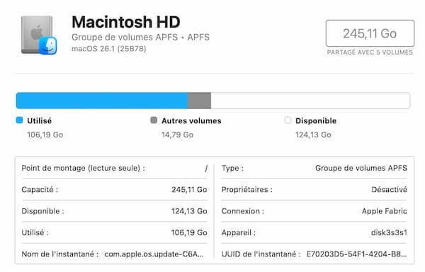 Utilitaire de disque macOS affichant le stockage du Macintosh HD avec espace utilisé et disponible