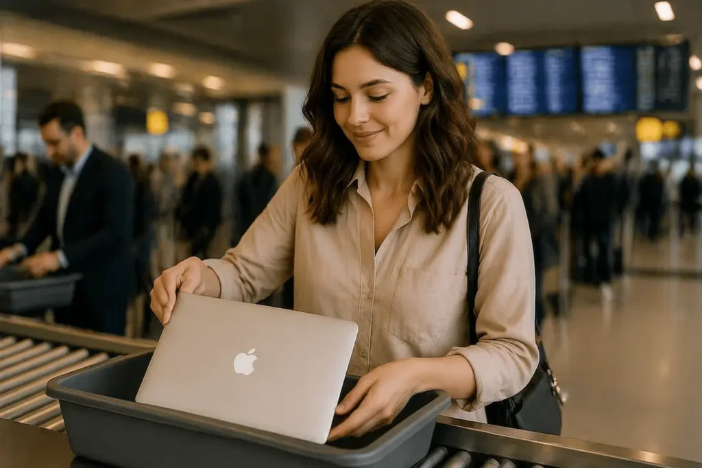 Femme plaçant son MacBook dans un bac de sécurité à l’aéroport
