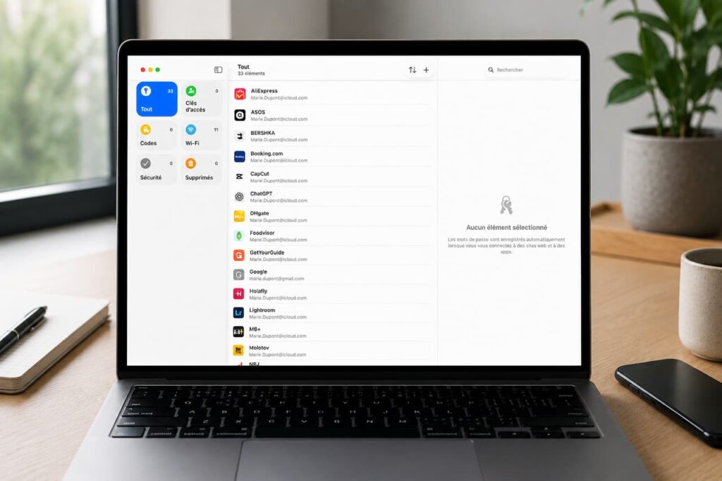 Écran de MacBook Pro gris affichant l'application Mots de passe macOS avec une liste de 33 identifiants enregistrés dans le Trousseau iCloud, catégories visibles en barre latérale — Tout, Clés d'accès, Codes, Wi-Fi, Sécurité, Supprimés — posées sur un bureau en bois avec un carnet, un stylo, un iPhone et une plante verte en arrière-plan