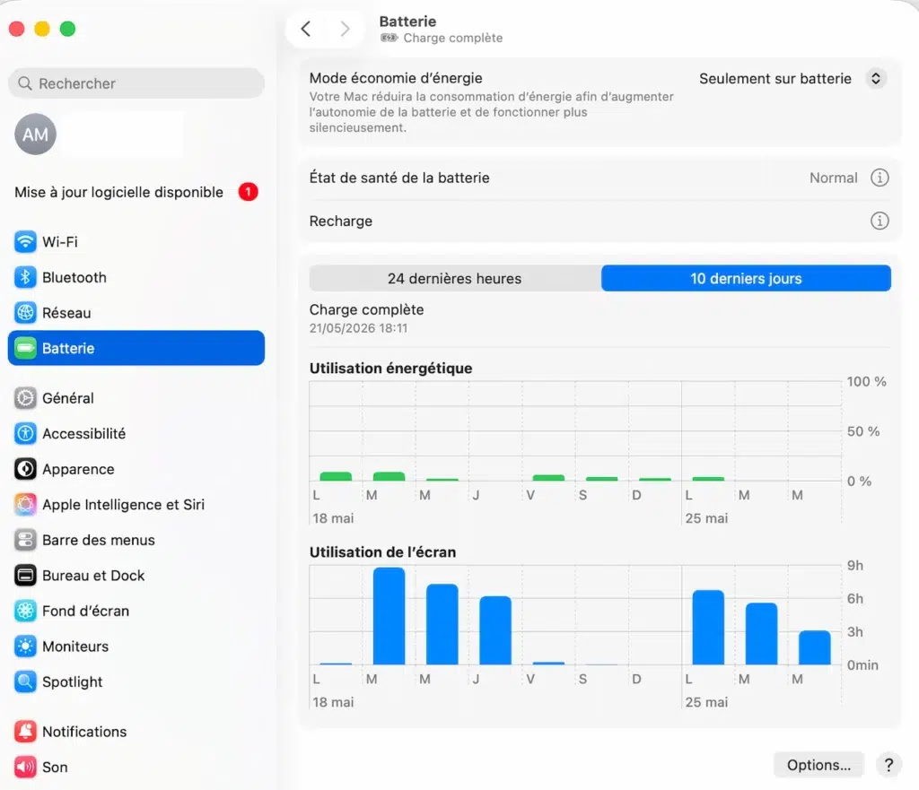 Capture d’écran macOS montrant l’état de santé de la batterie et l’utilisation énergétique d’un MacBook sur les 10 derniers jours.