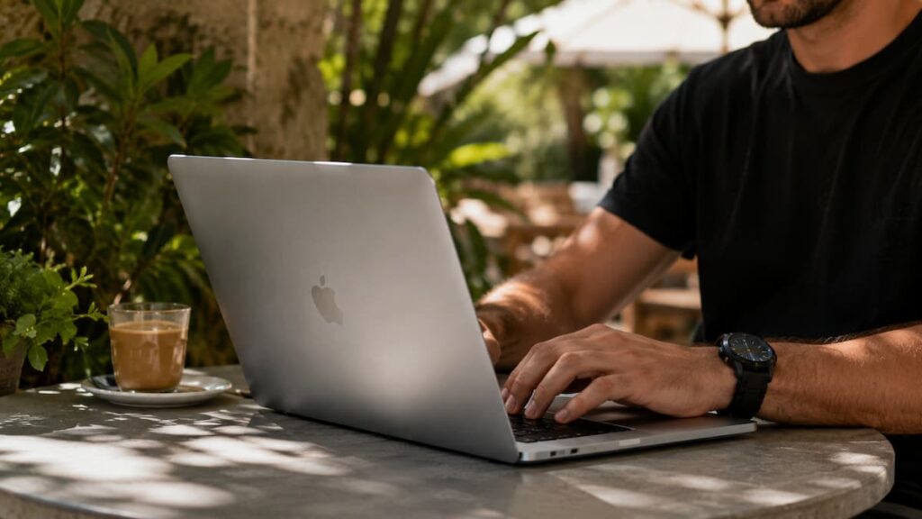 Homme en t-shirt noir portant une montre travaillant sur un MacBook Pro argenté posé sur une table en pierre dans une terrasse ombragée entourée de plantes vertes, un café posé à gauche, lumière naturelle filtrée par la végétation