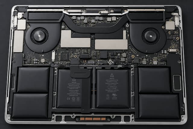 Vue intérieure d'un MacBook Pro ouvert posé sur fond noir, révélant une batterie gonflée aux cellules bombées, deux ventilateurs de refroidissement symétriques et la carte mère avec ses composants électroniques