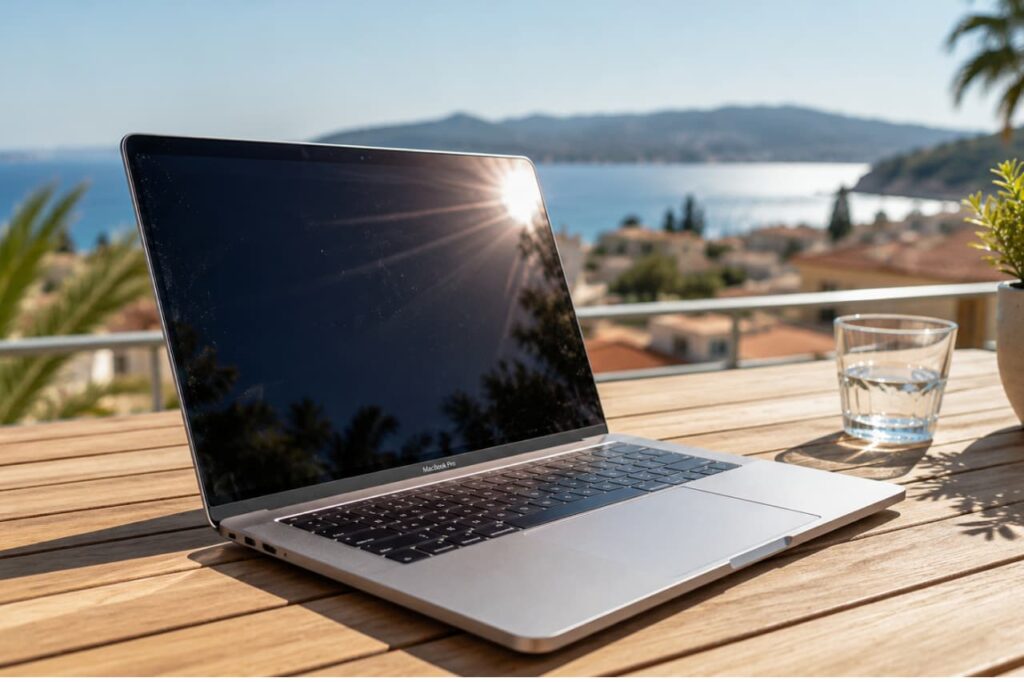 MacBook Pro argenté ouvert posé sur une table en bois sur une terrasse ensoleillée avec vue sur la mer bleue et un village méditerranéen en arrière-plan, verre d'eau posé à droite, soleil intense visible sur l'écran