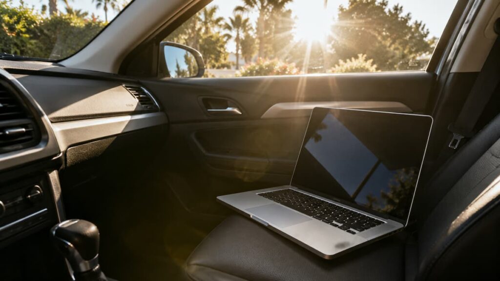 MacBook Pro argenté ouvert posé sur le siège passager d'une voiture garée au soleil, lumière solaire intense traversant le pare-brise avec reflets en étoile, palmiers et végétation visibles en arrière-plan
