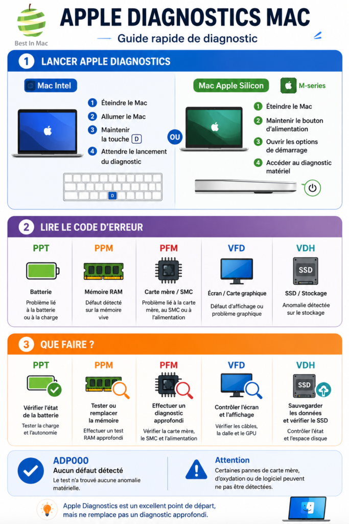 Infographie expliquant comment lancer Apple Diagnostics sur Mac Intel et Apple Silicon, puis interpréter les codes d’erreur PPT, PPM, PFM, VFD et VDH.