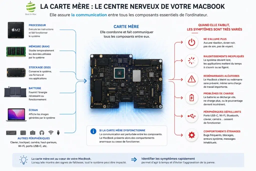 Schéma expliquant le rôle de la carte mère d’un MacBook et les principaux symptômes d’une panne : écran noir, ralentissements, redémarrages et problèmes de charge.