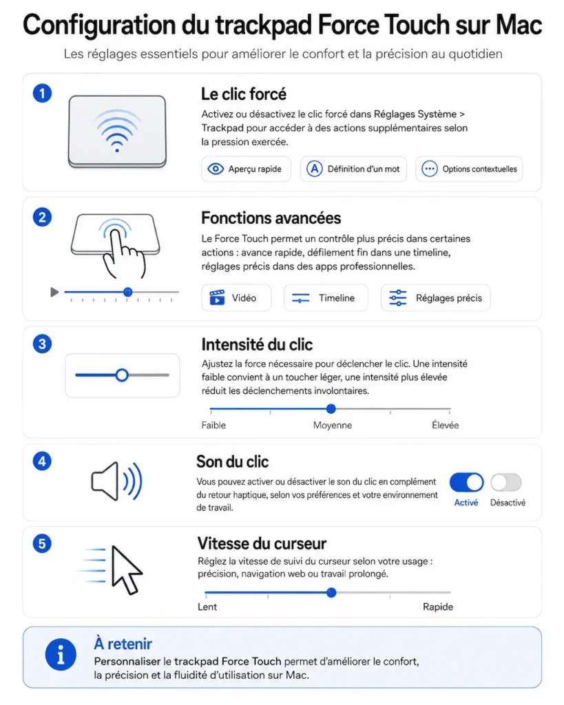 Infographie sur la configuration du trackpad Force Touch sur Mac avec les principaux réglages de clic, sensibilité et vitesse du curseur