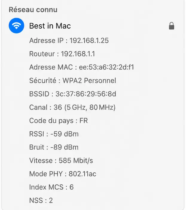 Menu Wi-Fi avancé de macOS affichant le RSSI, le canal, le MCS et la vitesse de liaison Tx Rate.