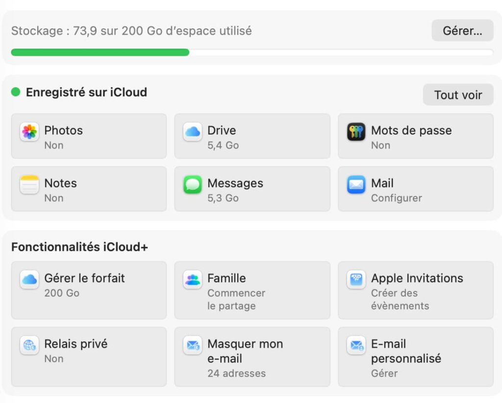 Interface macOS de gestion du stockage iCloud affichant 73,9 Go utilisés sur 200 Go, avec les applications synchronisées (Drive, Messages) et les fonctionnalités iCloud+ comme le Relais privé et Masquer mon e-mail