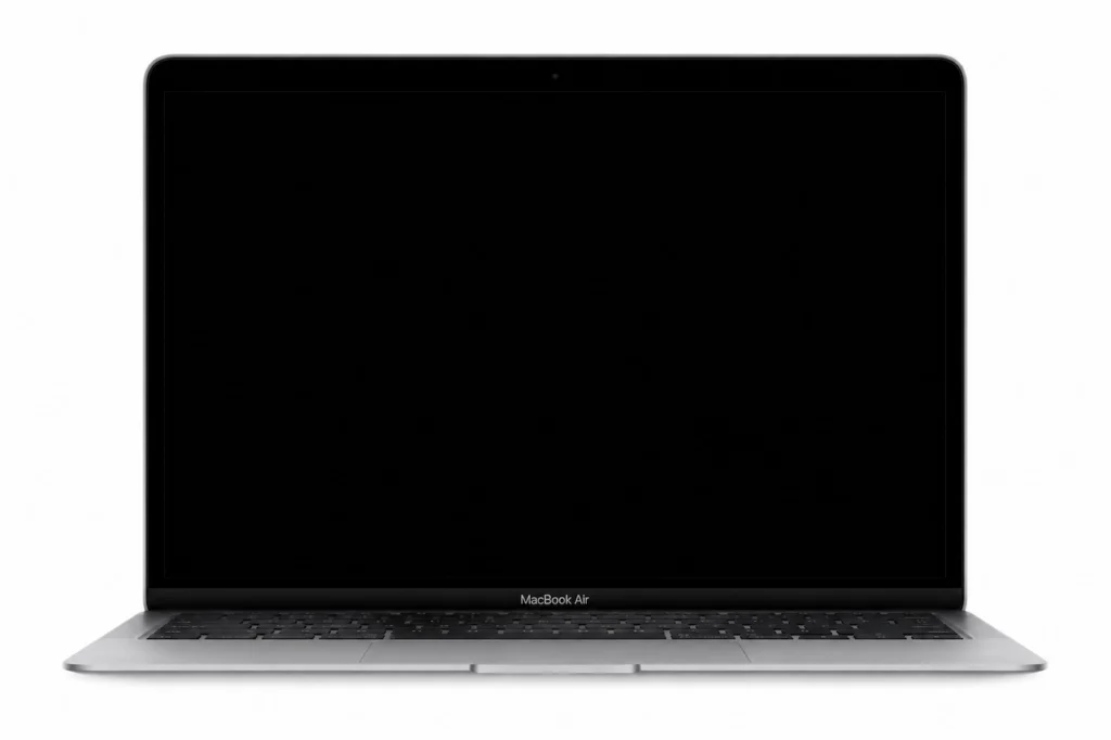 MacBook Air affichant un écran noir au démarrage, symptôme fréquent d’un problème d’affichage ou de démarrage.