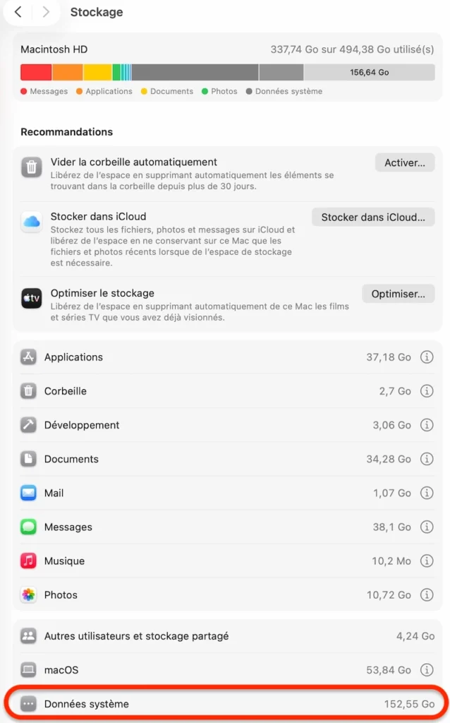 Capture d'écran du stockage d'un Mac affichant plus de 152 Go de données système et près de 338 Go utilisés sur un SSD de 494 Go