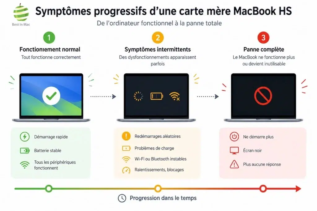 Infographie montrant l'évolution progressive des symptômes d'une carte mère MacBook HS, du fonctionnement normal jusqu'à la panne complète.