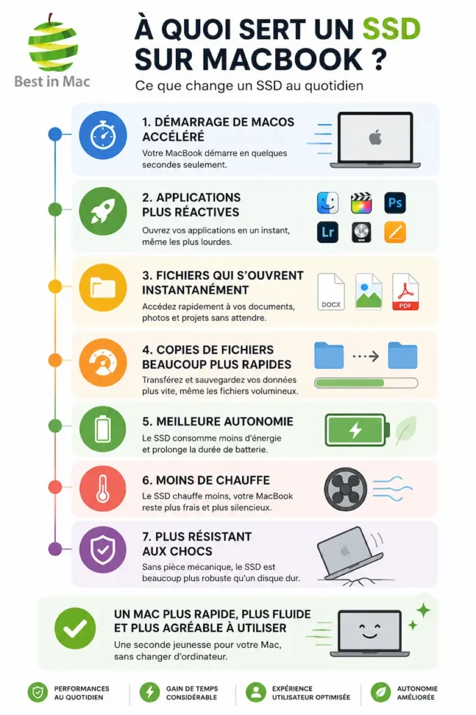 Infographie expliquant les avantages d'un SSD sur MacBook : démarrage plus rapide, applications plus réactives, ouverture instantanée des fichiers, copies rapides, meilleure autonomie, moins de chauffe et meilleure résistance aux chocs.