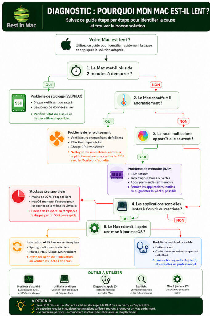 Infographie de diagnostic pour identifier pourquoi un MacBook est lent : démarrage long, stockage SSD ou HDD, surchauffe, roue multicolore, RAM saturée, applications lentes, mise à jour macOS et problème matériel.