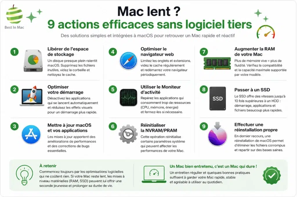 Infographie présentant 9 actions pour accélérer un Mac lent sans logiciel tiers : libérer le stockage, optimiser le démarrage, mettre à jour macOS, surveiller le Moniteur d’activité, augmenter la RAM ou passer à un SSD.