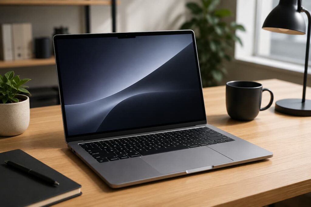 MacBook Pro ouvert sur un bureau, utilisé pour diagnostiquer une batterie qui se décharge trop vite et optimiser l’autonomie sous macOS.