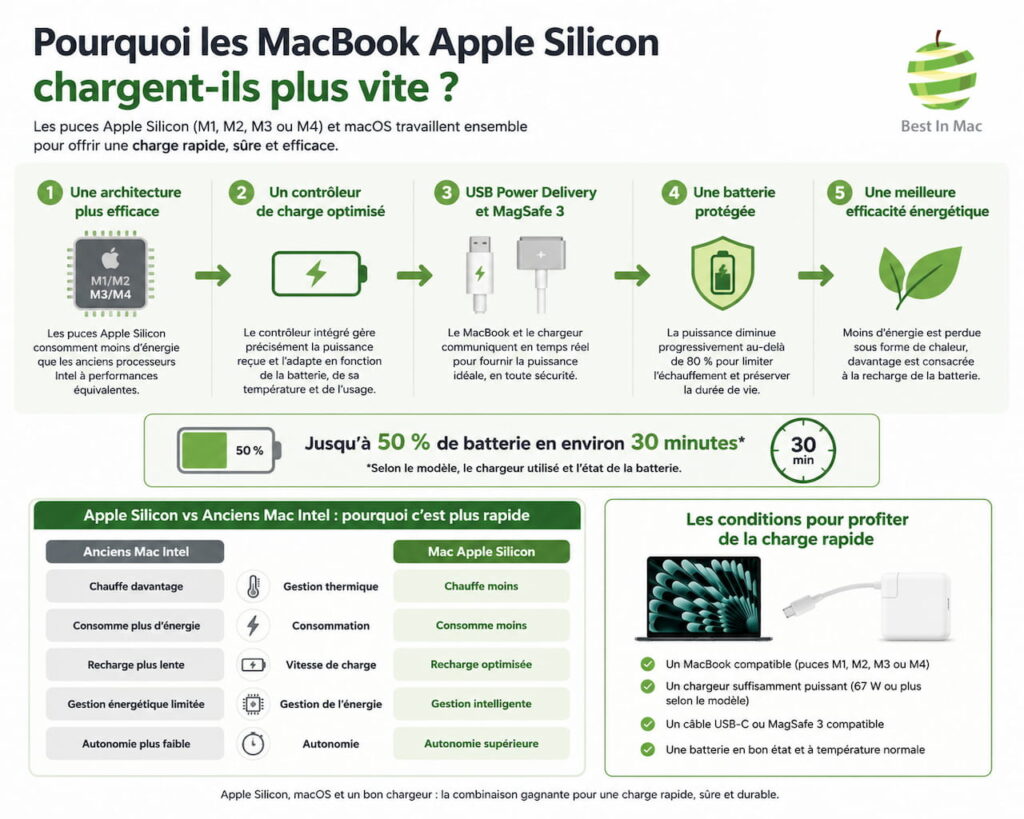 Infographie expliquant pourquoi les MacBook Air et MacBook Pro équipés des puces Apple Silicon (M1, M2, M3 et M4) se rechargent plus rapidement grâce à une meilleure efficacité énergétique, à l'USB Power Delivery, au contrôleur de charge intelligent et à MagSafe 3.