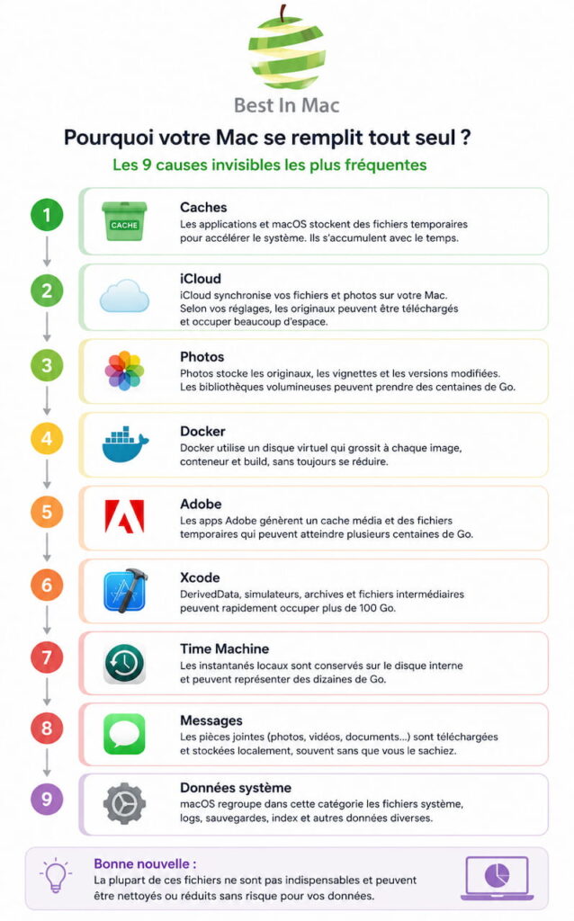 Infographie expliquant les neuf causes principales qui peuvent remplir le stockage d’un Mac : caches, iCloud, Photos, Docker, Adobe, Xcode, Time Machine, Messages et Données système.