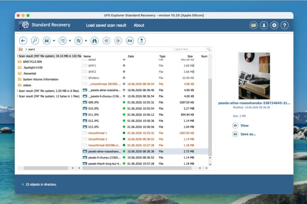 Capture d'écran d'UFS Explorer affichant l'analyse d'un volume APFS et la liste des fichiers récupérables sur Mac.