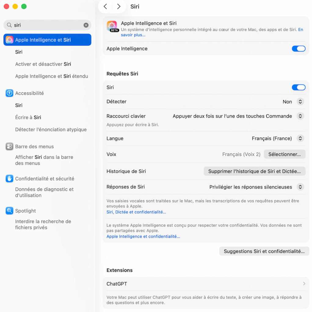 Réglages Apple Intelligence et Siri sur Mac avec l’extension ChatGPT disponible en option