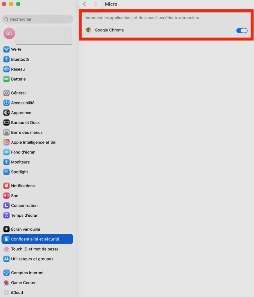 Autorisation du microphone pour Google Chrome dans les réglages de confidentialité de macOS