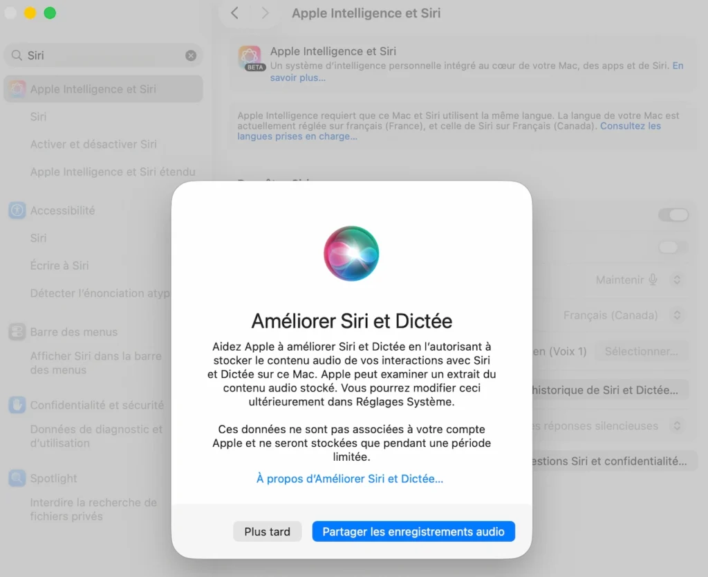 Réglage Améliorer Siri et Dictée sur Mac permettant de choisir le partage des enregistrements audio avec Apple
