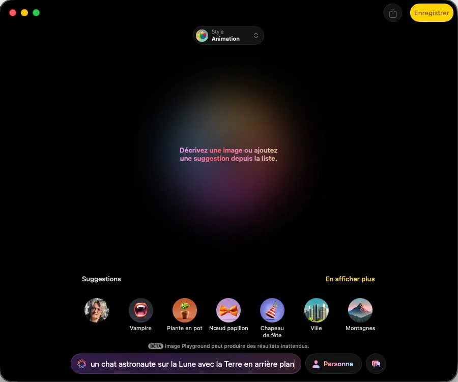 Interface d’Image Playground sur Mac avec champ de description, style Animation et suggestions de création