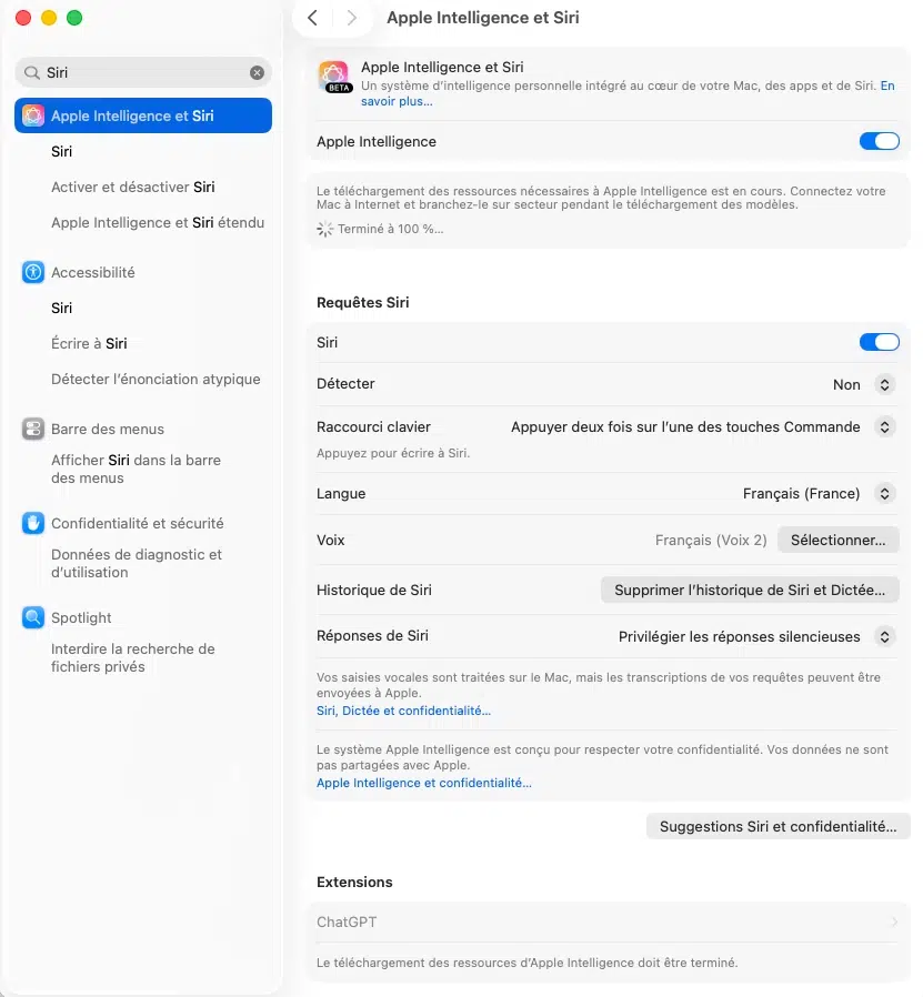 Réglages Apple Intelligence et Siri sur Mac avec activation de Siri, langue, voix et raccourci clavier