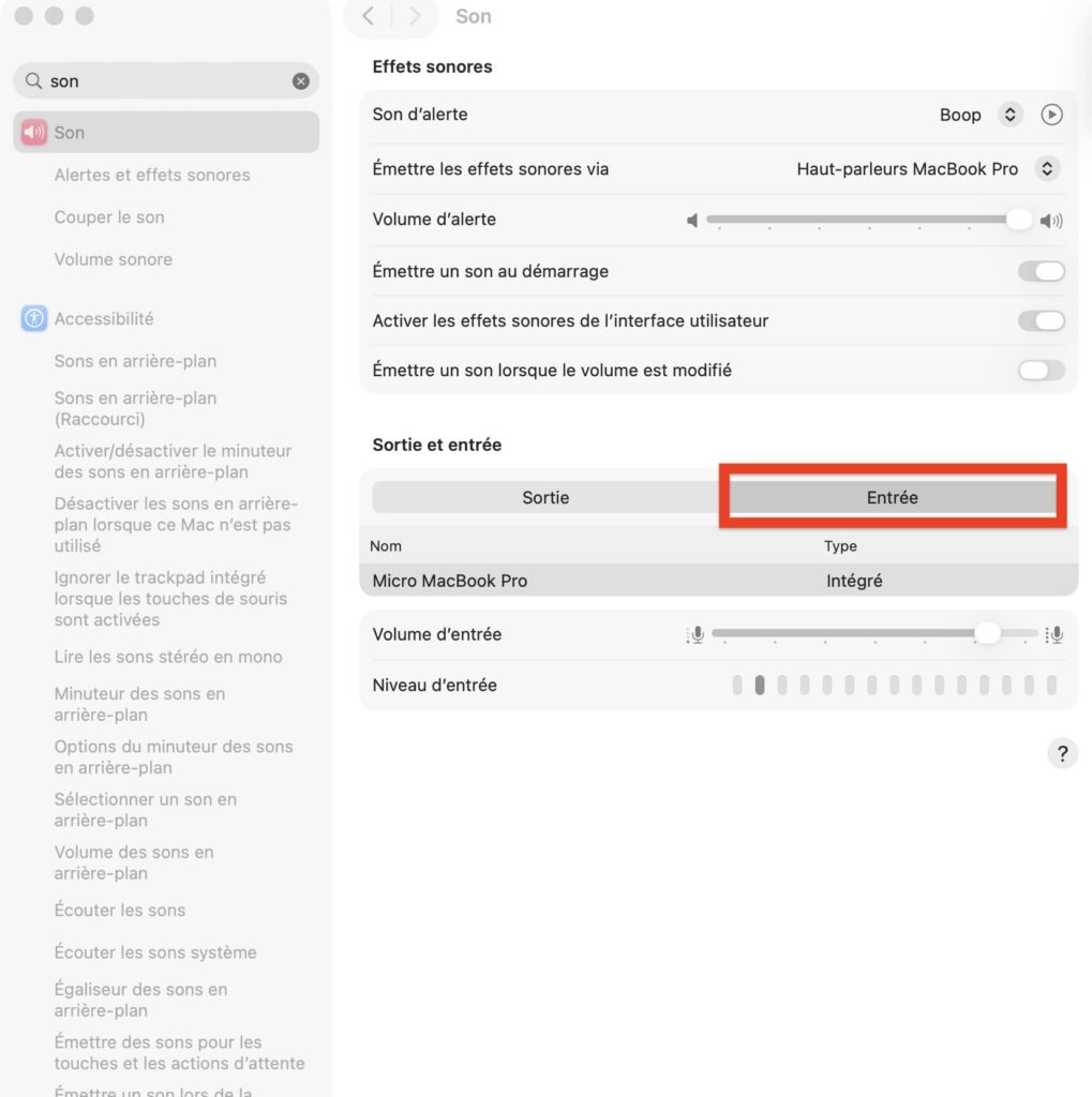 Sélection du microphone du MacBook Pro dans Réglages Système, Son et Entrée