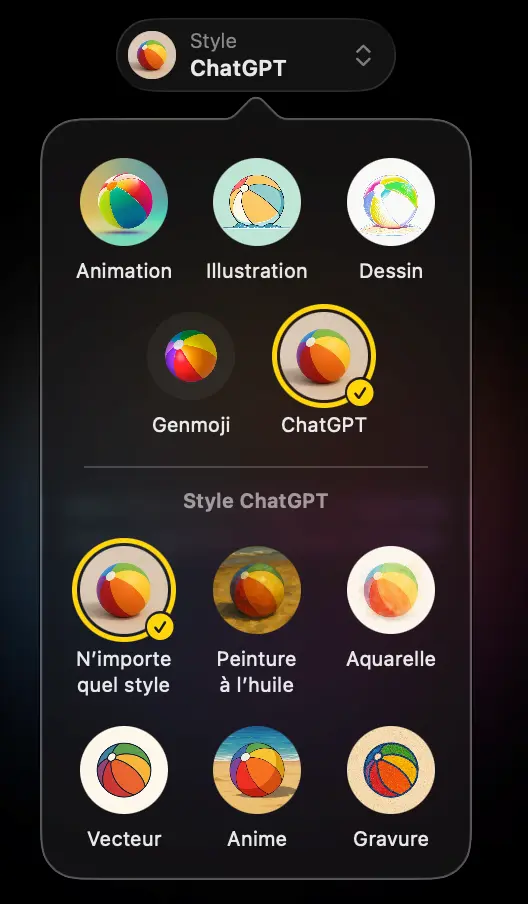 Menu des styles ChatGPT dans Image Playground sur Mac avec Aquarelle, Peinture à l’huile, Vecteur, Anime et Gravure